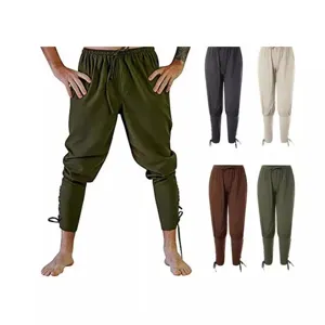 Mens Medieval Viking Pirate Cotton Linen Casual Pants Drawstring Waist Cuffed Harem Trousers Renaissance Costume