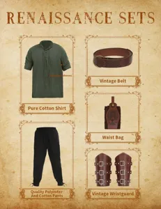 Ensemble costume médiéval renaissance homme avec chemise de pirate pantalon ceinture sac.