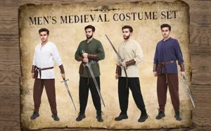 Détails de l'ensemble de costume médiéval pour homme avec chemises à lacets et pantalons.