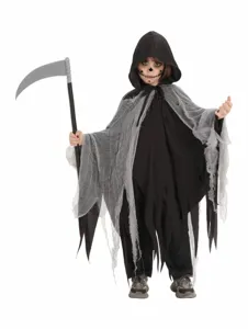 Costume d'Halloween faucheur pour enfants avec cape noire à capuche et fausse faux.
