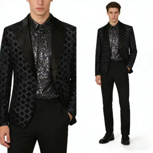 Men's sequin peak lapel blazer and shirt set, perfect for parties and stage events.