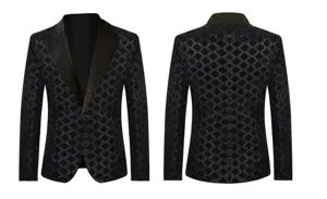 Detailed view of the men's sequin blazer featuring lapel collar and diamond pattern.