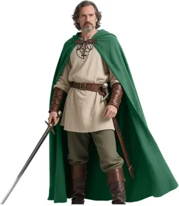 Mittelalterlicher Ritter Umhang Set mit Leinentunika und Lederaccessoires für Halloween.