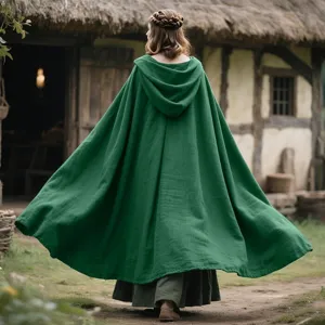 Mittelalterlicher grüner Kapuzenumhang Detailansicht, retro vintage Cape für Cosplay.