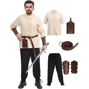 Ensemble Costume Médiéval Renaissance Homme Chemise Pirate Pantalon à Revers Ceinture Bracelets Sac Tenue Cosplay Halloween