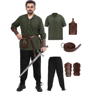 Ensemble Costume Médiéval Renaissance Homme Chemise Pirate Pantalon Ceinture Halloween