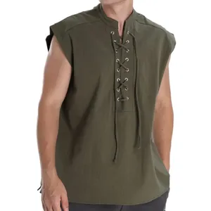 Close-up detail of the retro medieval sleeveless vest featuring a lace-up front and collar.