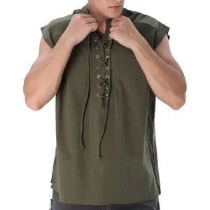 Medieval retro sleeveless lace-up vest detail view showing front metal eyelets and chest lacing.