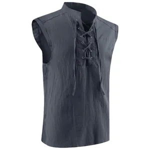 Men medieval sleeveless vest vintage lace up dark grey tunic costume top for cosplay party.