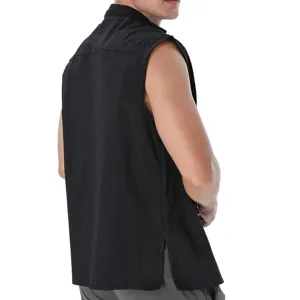 Men's black sleeveless vest detail, casual medieval retro style top, back and side view.