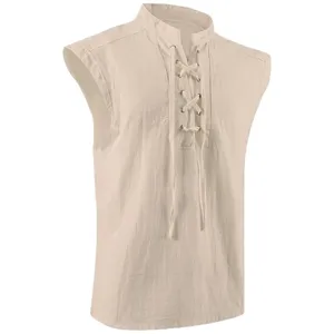 Medieval retro sleeveless lace-up vest detail shot, vintage cosplay costume apparel view.