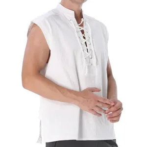 Men's Medieval Renaissance Lace-Up Sleeveless Shirt Vintage Costume Casual White Vest