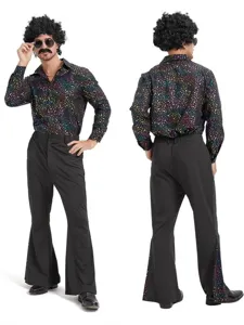 Costume Disco Vintage Imprimé Pois Étoilés Chemise Manches Longues Pantalon Évasé Ensemble Halloween Hippie Tenue de Scène