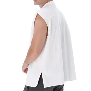 Men white sleeveless medieval vintage vest detail shot, casual retro loose cotton top.