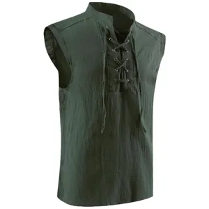 Medieval style men's sleeveless lace-up vest detail showing fabric and front lacing design.