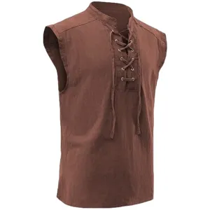 Medieval lace-up sleeveless vest detail shot, retro brown stand collar cotton blend top.