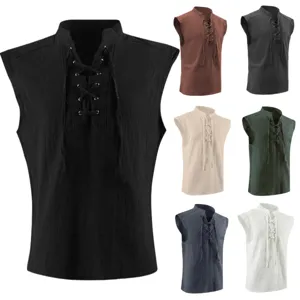 Men Vintage Medieval Renaissance Vest Sleeveless Lace Up Stand Collar Linen Blend Waistcoat Cosplay Costume