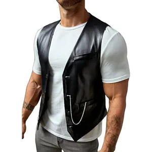 Gilet in pelle PU nera da uomo slim fit casual senza maniche con tasca sul petto e catena.