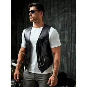 Vista dettagliata del gilet in ecopelle PU slim da uomo, giacca senza maniche in stile moto casual