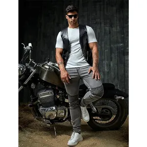 Gilet in ecopelle PU nera da uomo, giacca smanicata slim fit in stile motociclista autunnale.