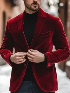 Men velvet suit jacket detail shot showing premium red fabric and button design.