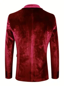Men's burgundy velvet blazer back view, elegant slim fit formal suit jacket for wedding parties.