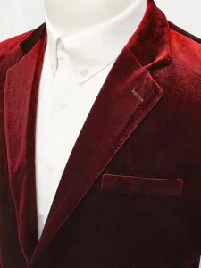 Men burgundy velvet suit jacket detail, premium blazer collar and pocket closeup for wedding.