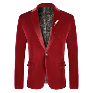Red velvet men's slim fit suit jacket detail featuring elegant paisley lining and stylish lapel.