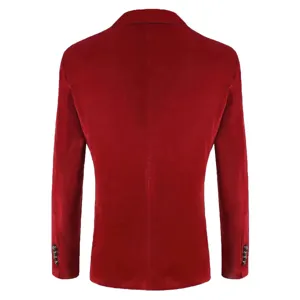 Back view detail of men's red velvet suit jacket, slim fit and elegant texture fabric.