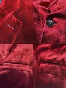 Men velvet suit jacket detail shot, luxury wine red blazer for party wedding formal wear.