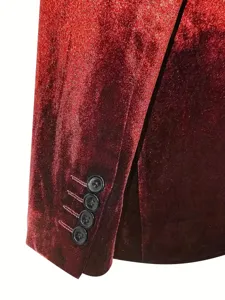 Men's velvet suit jacket cuff detail, luxury burgundy blazer sleeve with four buttons.