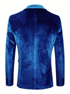 Back view of luxurious men blue velvet blazer jacket, ideal for weddings and formal evening events.