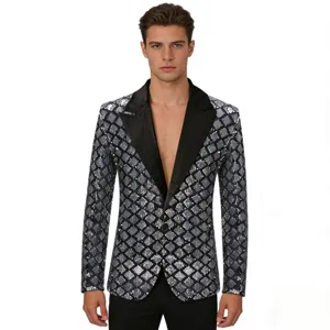 Men's stylish diamond sequin blazer with black satin lapel for party stage wear
