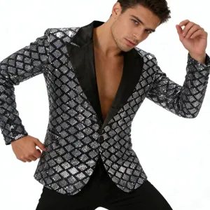 Men's diamond sequin blazer detail view, peak lapel party stage tuxedo jacket close up.