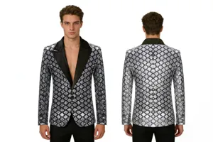 Front and back view of men luxury diamond sequin blazer with black shawl lapel for party.