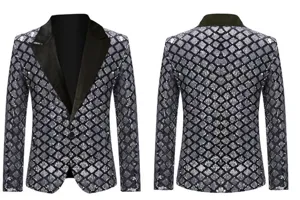 Men's sequin blazer detail view showing diamond pattern and black lapel for party stage wear.