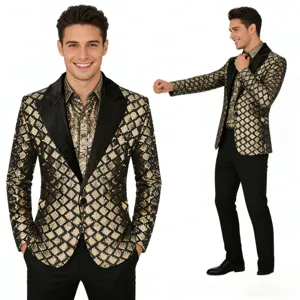Men's sequin blazer suit set with peak lapel, perfect for stage party and evening events.