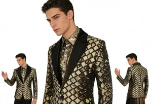 Men gold sequin blazer detail view, showing lapel texture and sparkling diamond pattern.