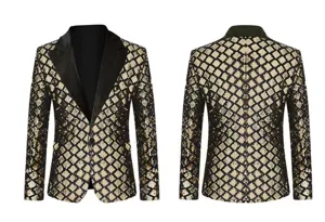 Men's gold and black sequin blazer, peak lapel party suit jacket for stage and events.