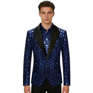 Men's blue diamond sequin blazer with black peak lapel for party stage host formal wear