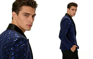 Men's blue sequin blazer with peak lapel, stylish slim fit jacket for party stage wedding suit.