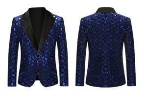 Men Stylish Blue Sequin Blazer Front Back View Details for Stage Party Evening Prom