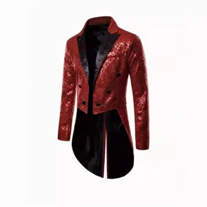 Men's red sequin tailcoat jacket, vintage gothic tuxedo for party stage performance.