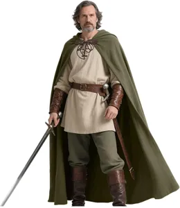 Mittelalterlicher Ranger Umhang Set mit Kapuze Leinen Tunika und Leder Zubehör für Cosplay.