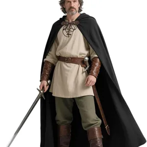 Mittelalter Ranger Umhang Set mit Kapuze Leinen Tunika und Leder Zubehör für Cosplay Party.