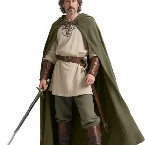 Mittelalter Ranger Kap Umhang Kostüm, Vintage Leinen Umhang und Tunika Set für Halloween.