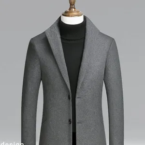 Men slim wool blend trench coat autumn winter mid length overcoat with turtleneck sweater