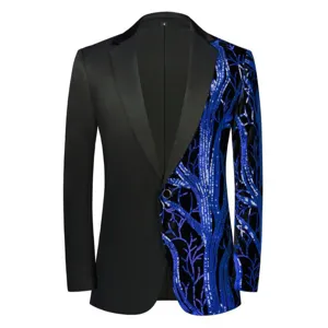 Men black and blue sequin blazer detail, stylish tree branch pattern lapel jacket.