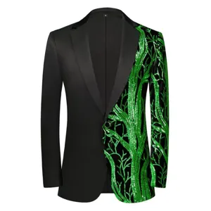 Detail view of the men's black blazer featuring asymmetric green sequin vine branch pattern.