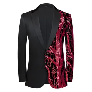 Men's stylish sequin blazer with contrast asymmetric red branch pattern and black satin lapel.
